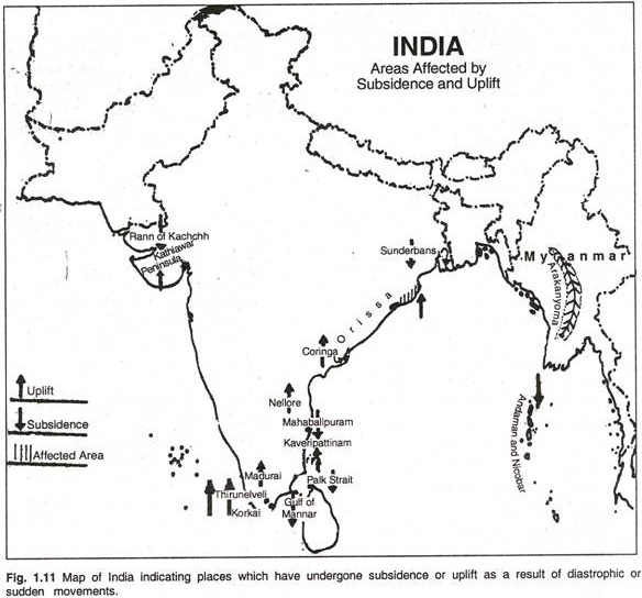 Map of India Indicating Places which have undergone Subsidence or Uplift as a Result of Distrophic or Sudden Movents