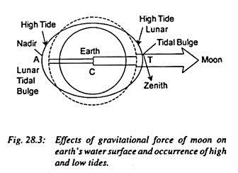 Effects of Gravitational force of Moon on Earth's Water Surfaces and Occurence of High and Low Tides